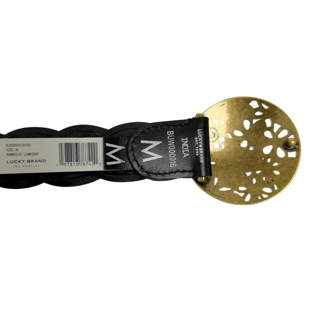 Lucky Brand Women's Size Medium Woven Floral Buckle 100% Leather Black Belt NWT‎